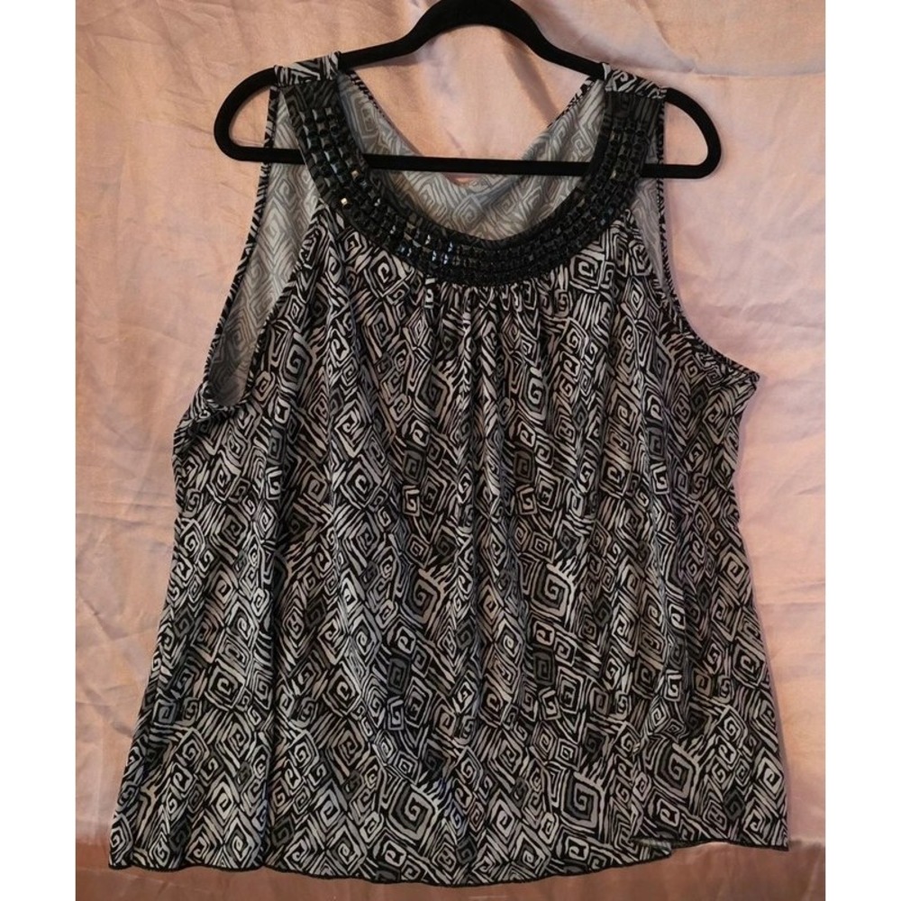Jaclyn Smith Black White Geometric Print Embellished Tank Top 3X